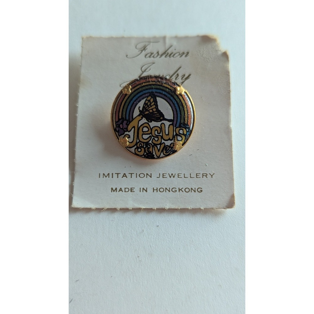 Vintage Jesus Saves Rainbow Butterfly Pin Gold‎ Tone Retro 70s Hong Kong Jewelry